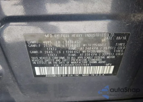 2017 Subaru Outback 2.5I Premium from USA, damaged, VIN 4S4BSAHC5H3226841